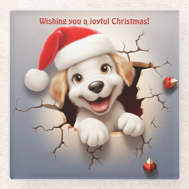 3D Puppy Christmas   Glass Coaster (Front)