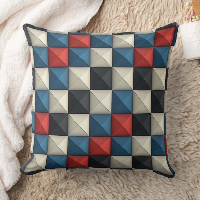 3D Pyramidal Geometric Pattern – Red, Blue & Cream Cushion (Blanket)