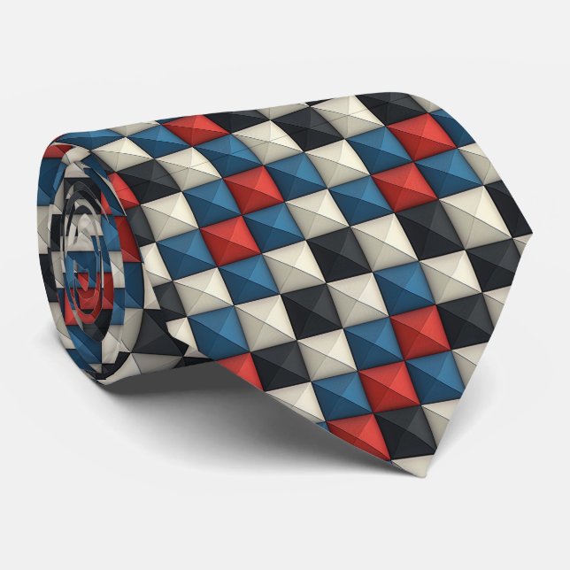 3D Pyramidal Geometric Pattern – Red, Blue & Cream Tie (Rolled)