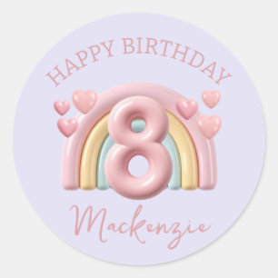 3D Rainbow 8th Birthday Girl on Purple Classic Round Sticker