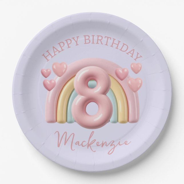 3D Rainbow 8th Birthday Party for Girl Purple Paper Plate (Front)