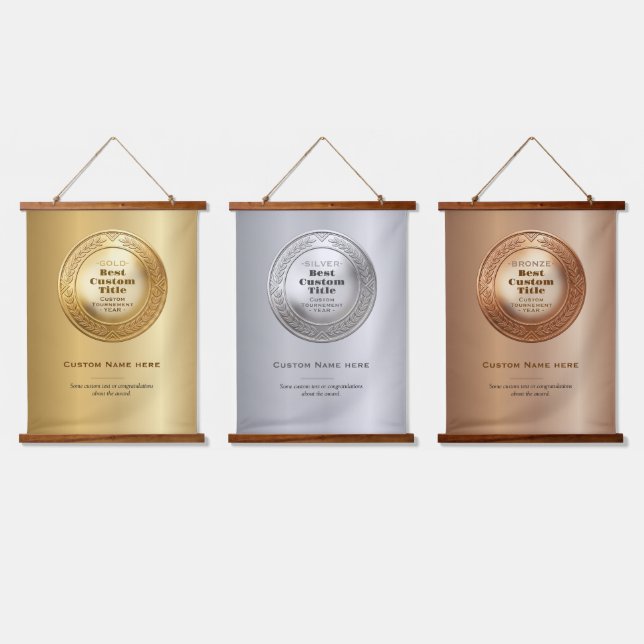 3D Realistic Gold Medal Custom Editable Award Hanging Tapestry (Triple)
