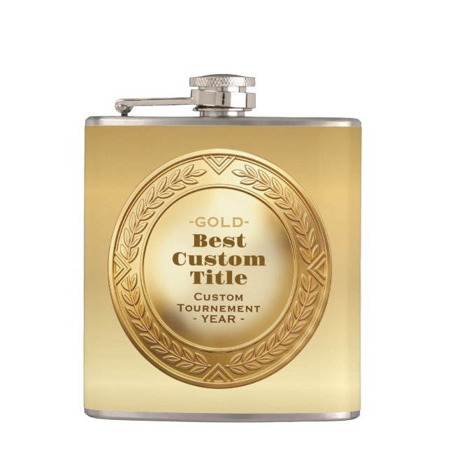 3D Realistic Gold Medal Custom Editable Award Hip Flask (Front)