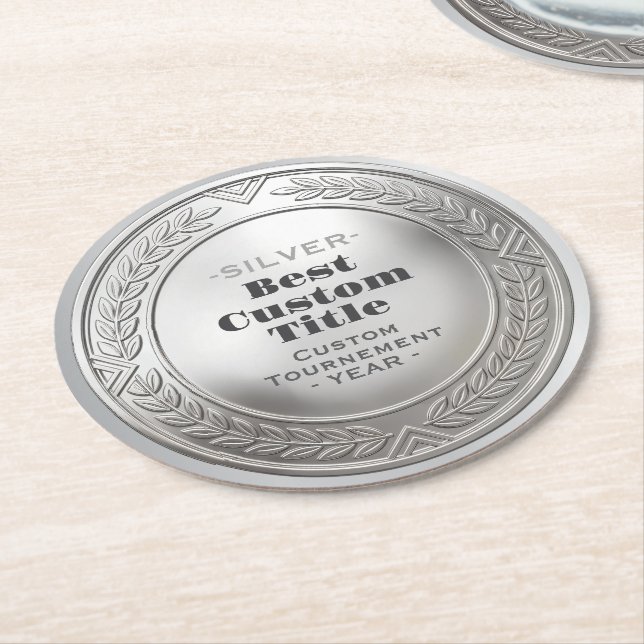 3D Realistic Silver Medal Custom Editable Award Round Paper Coaster (Angled)