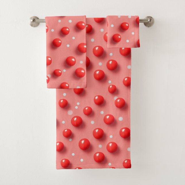 3D Red and White Polka Dots Pattern  Bath Towel Set (Insitu)