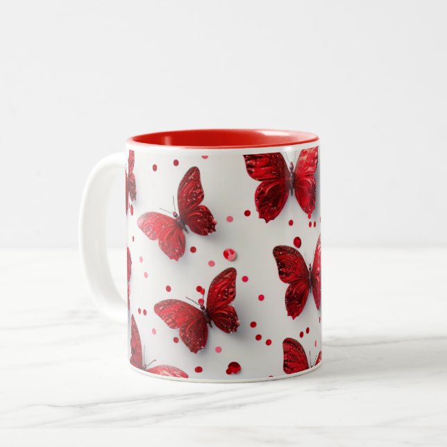 3D red butterfly  Two-Tone Coffee Mug (Front Left)