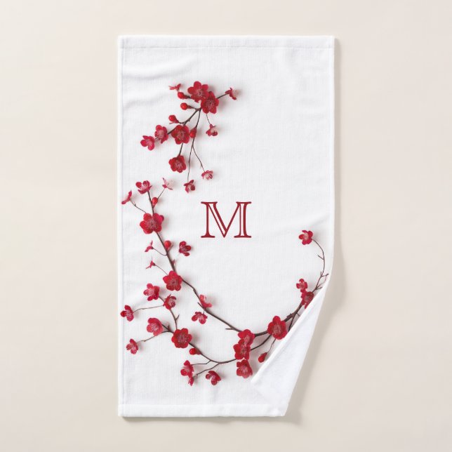 3D Red Cherry Blossoms White Hand Towel (Hand Towel)