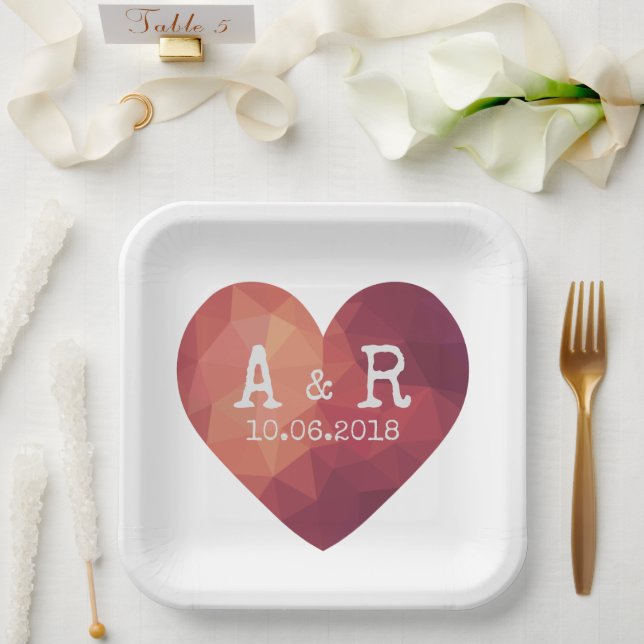 3d red heart couple monograms and date paper plate (Wedding)