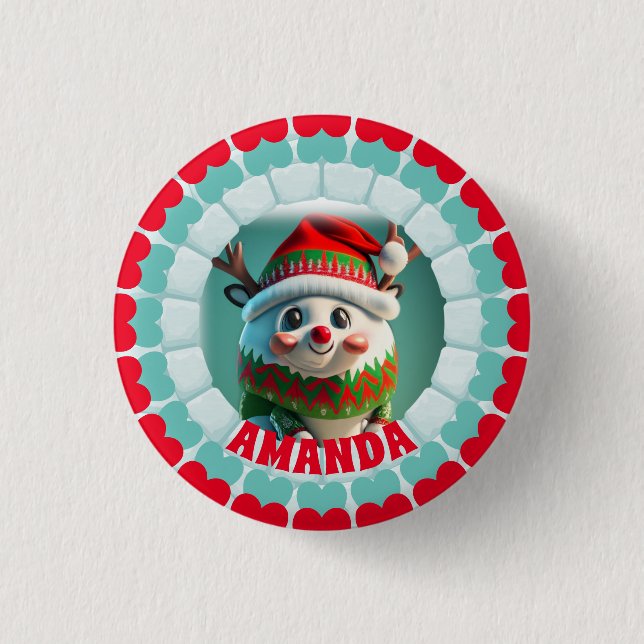 3D Reindeer Christmas Personalised Name Holiday 3 Cm Round Badge (Front)