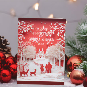 3D Reindeers and People in Village Card