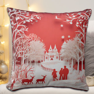 3D Reindeers and People in Village Cushion