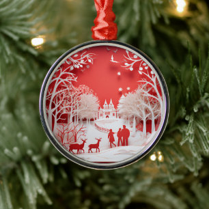 3D Reindeers and People in Village Metal Tree Decoration