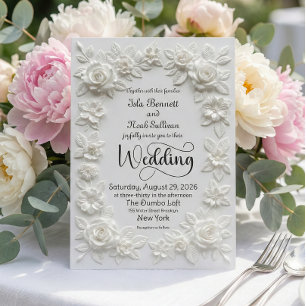 3D Relief White Rose Floral Border Wedding Invitation