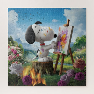 3D Render of a Cute Dog Artist Painting Jigsaw Puzzle