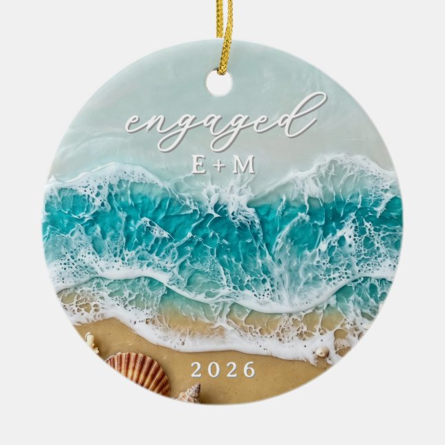 3D Resin Ocean Beach Engaged Custom Initials Ceramic Tree Decoration (Front)