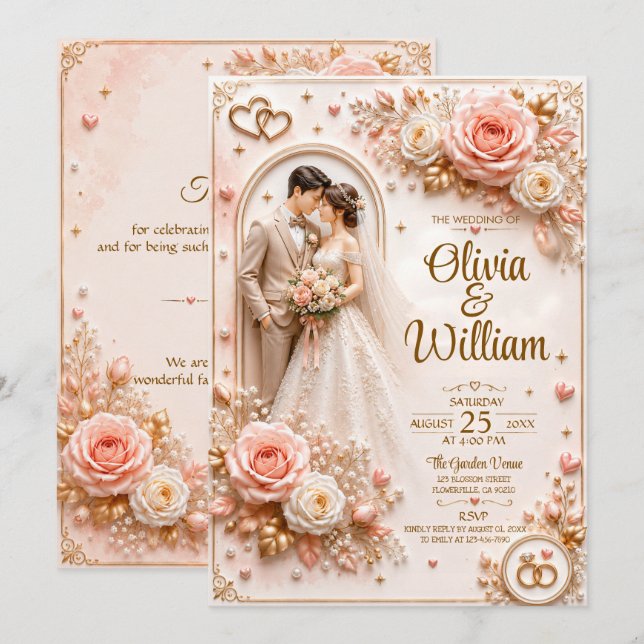 3D Romantic Rose Wedding Card | Personalised (Front/Back)