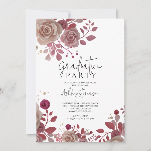 3D Rose Bouquet floral photo botanical graduation Invitation (Front)