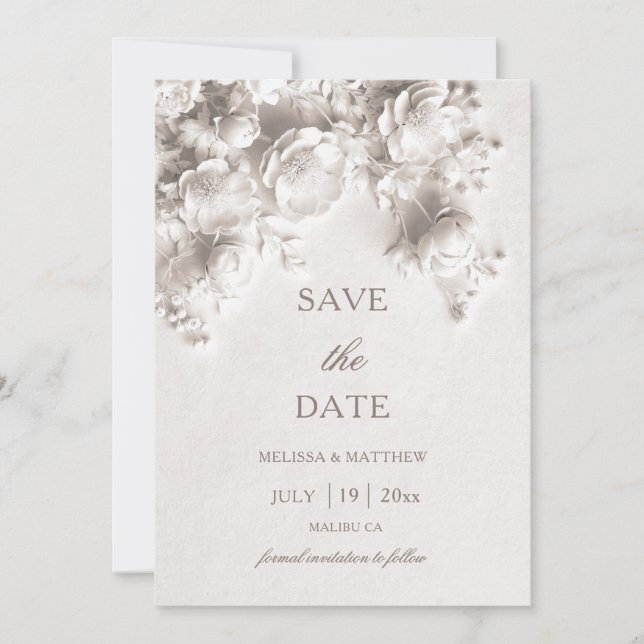3D Roses Ivory Sculptured Flowers Save The Date (Front)
