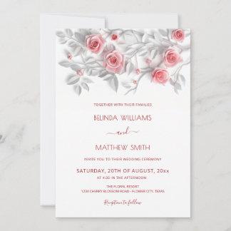 3D Roses Simple White Floral Wedding Invitation