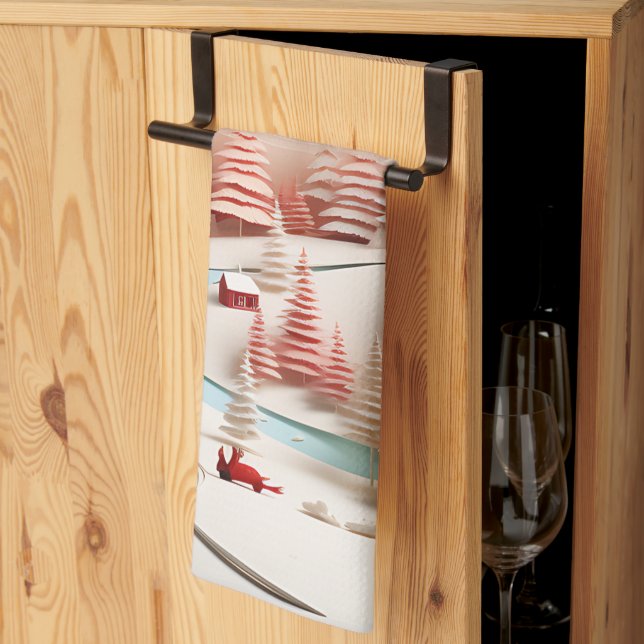 3D Scandinavian Winter Landscape Tea Towel (Thirds Fold)