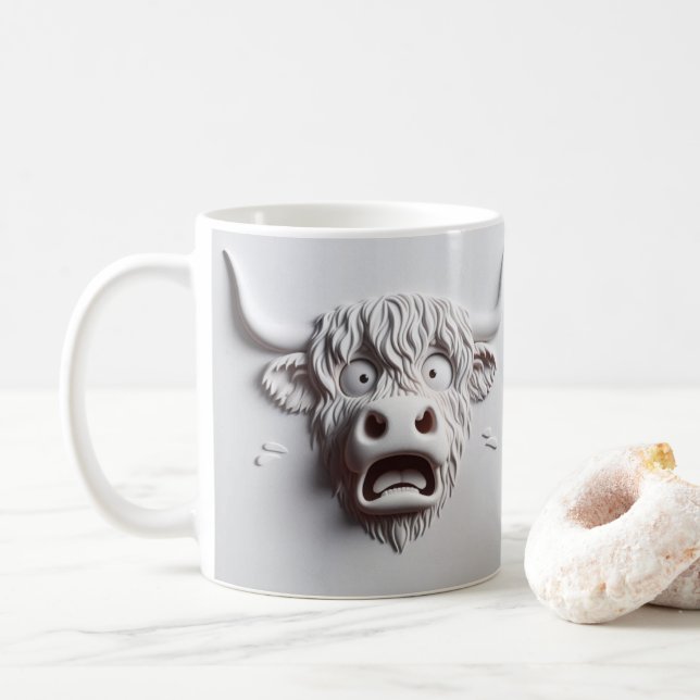 3D Scared Highland Cow Funny Animals  Coffee Mug (With Donut)