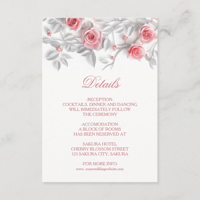 3D Sculptured Pink Roses White Enclosure Card (Front)