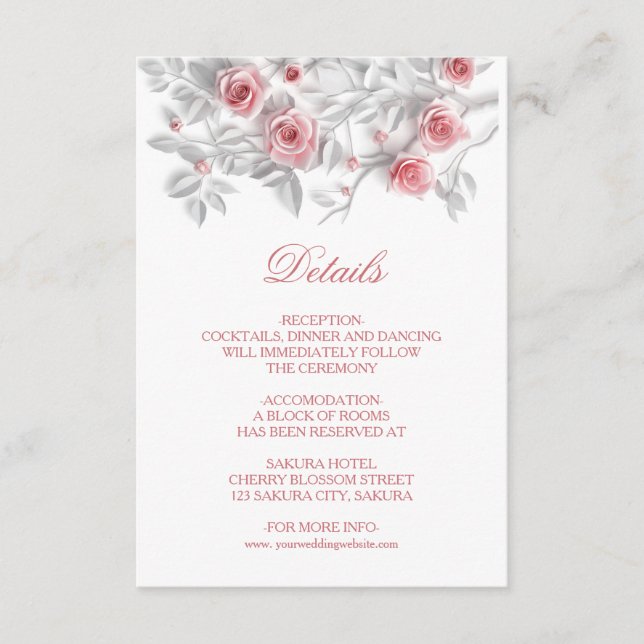 3D Sculptured Pink Roses White Enclosure Card (Front)