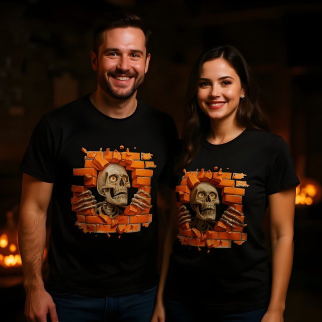 3d Skeleton Poking Through a Broken wall Design T-Shirt (Creator Uploaded)