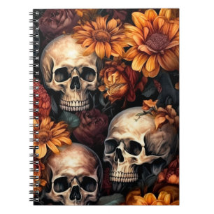 3D Skulls and Autumn Flowers Notebook