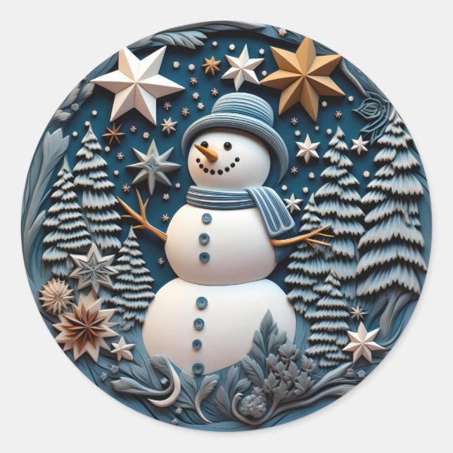 3D Snowman Chirstmas  Classic Round Sticker (Front)