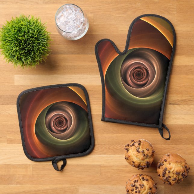 3D Spiral Abstract Warm Colours Modern Fractal Art Oven Mitt & Pot Holder Set (Top Down)