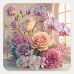 3D Spring Flowers Greeting Card with Roses  Square Sticker