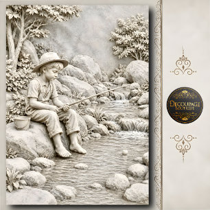 3D Stone Boy Fishing Creek Sculpture Tissue Paper