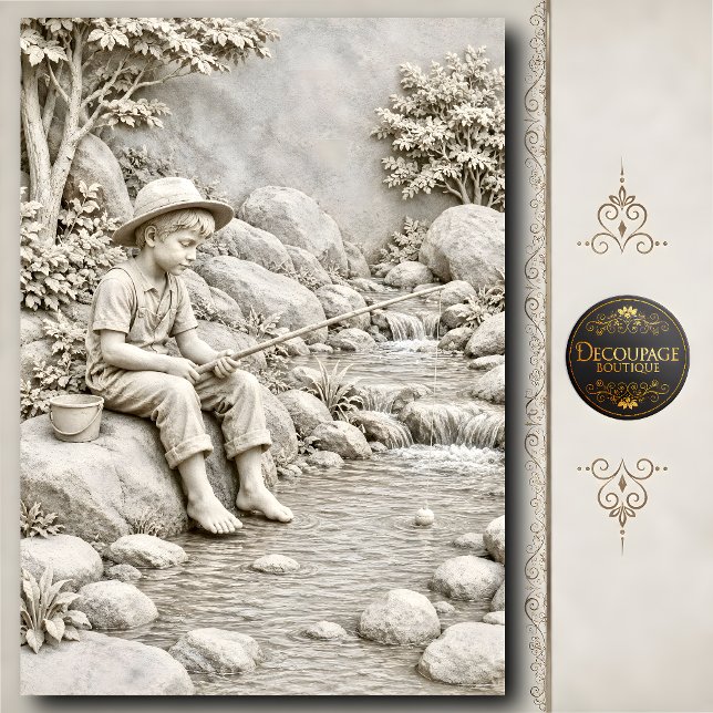 3D Stone Boy Fishing Creek Sculpture Tissue Paper (3D Stone Boy Fishing Creek Sculpture Tissue Paper)