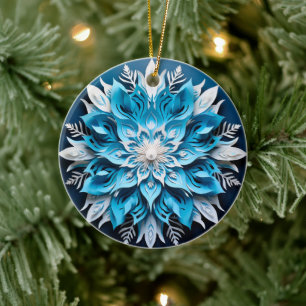 3D Style Blue White Flower Christmas Holiday Ceramic Tree Decoration