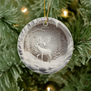 3D Style Deer Buck Country Cabin Christmas Holiday Ceramic Tree Decoration