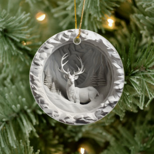 3D Style Deer Buck Country Cabin Christmas Holiday Ceramic Tree Decoration