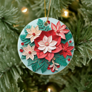 3D Style Poinsettia Flowers Christmas Holiday Ceramic Tree Decoration