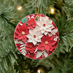 3D Style Poinsettia Flowers Christmas Holiday Ceramic Tree Decoration