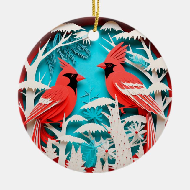 3D Style Red Cardinal Bird Christmas Holiday Ceramic Tree Decoration (Front)