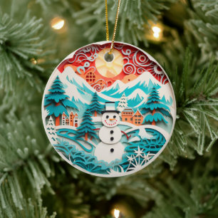 3D Style Snowman Winter Christmas Holiday Ceramic Tree Decoration