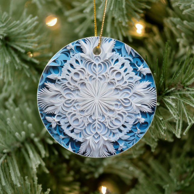 3D Style White & Blue Snowflake Christmas Holiday Ceramic Tree Decoration (Tree)