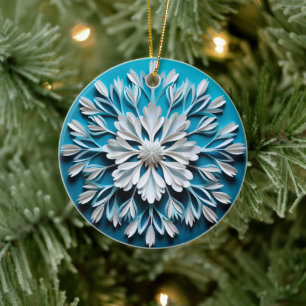 3D Style White & Blue Snowflake Christmas Holiday Ceramic Tree Decoration