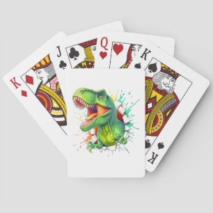 3D T-Rex Dinosaur Wall Smash Boys Kids T-Shirt Playing Cards