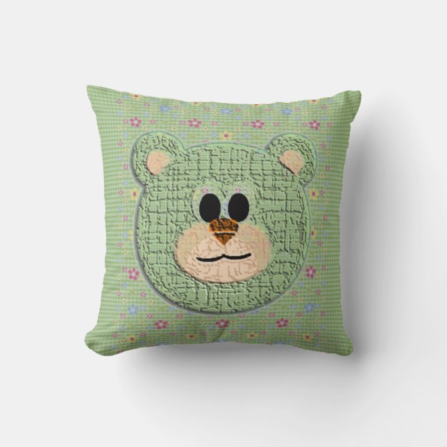 3D Teddy Bear Checks and Florals Cushion (Front)