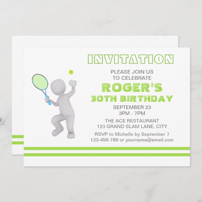 3D Tennis Player Tennis Racket Ball Personalised Invitation (Front/Back)