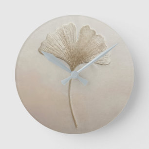  3D Textured Embroidery Ginkgo Leaf Beige Cream Round Clock