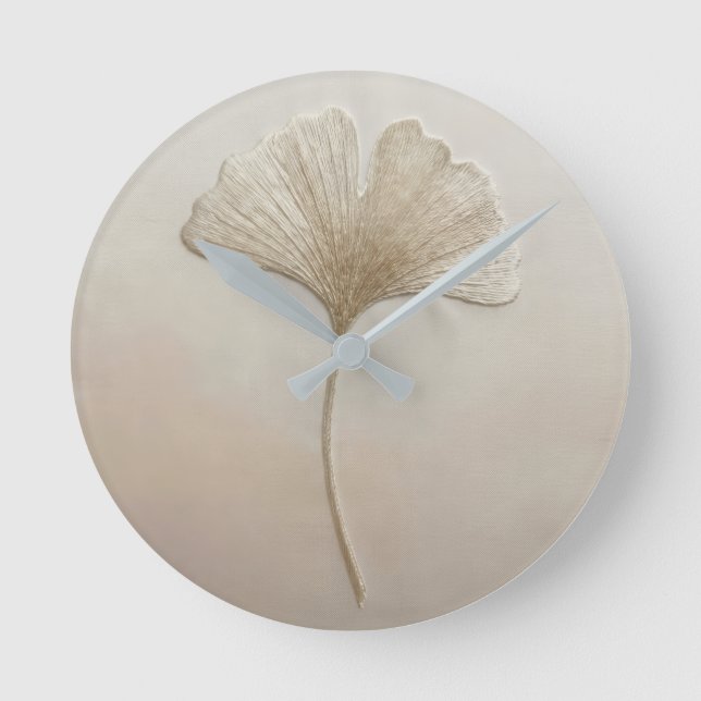 ⁠ ⁠3D Textured Embroidery Ginkgo Leaf Beige Cream⁠ Round Clock (Front)