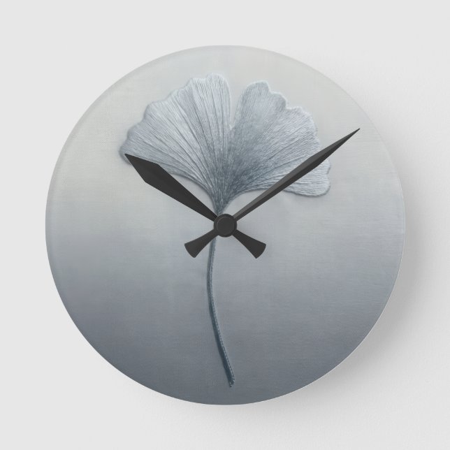 ⁠3D Textured Embroidery Ginkgo Leaf Blue Grey⁠ Round Clock (Front)