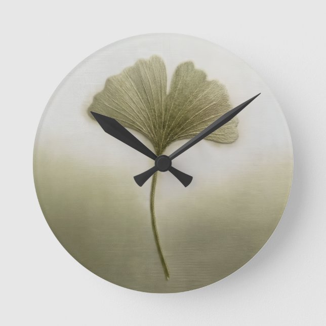 3D Textured Embroidery Ginkgo Leaf Sage Green⁠ Round Clock (Front)